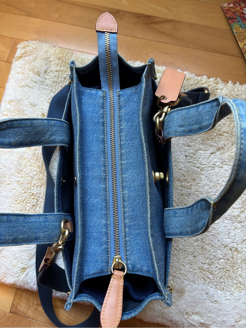 Coach Blue Denim Tote with Navy Logo and Tan Tag - Picture 3 of 9